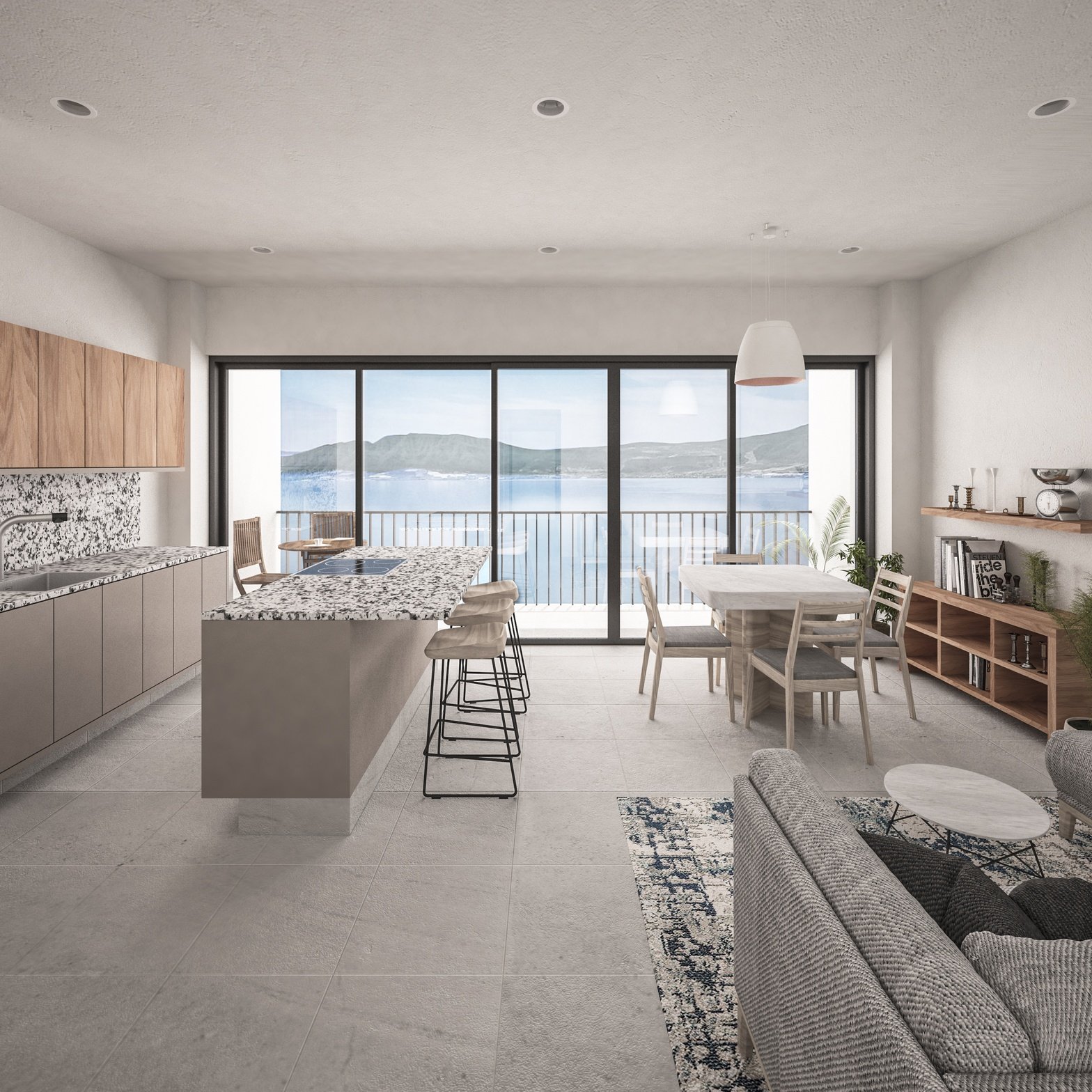 Cocina isla con vista al lago
