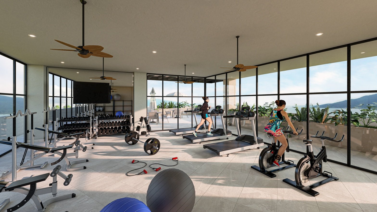 Gimnasio con vista al lago